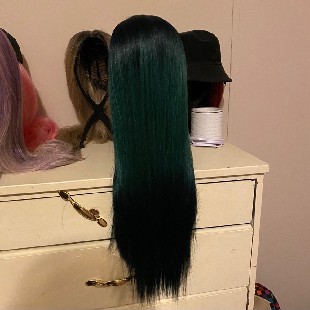 Black and teal wig